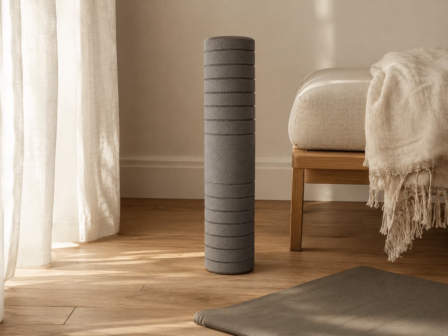 The Sōmavel cork roller standing on warm hardwood beside a linen-draped bench, soft daylight through sheer curtains
